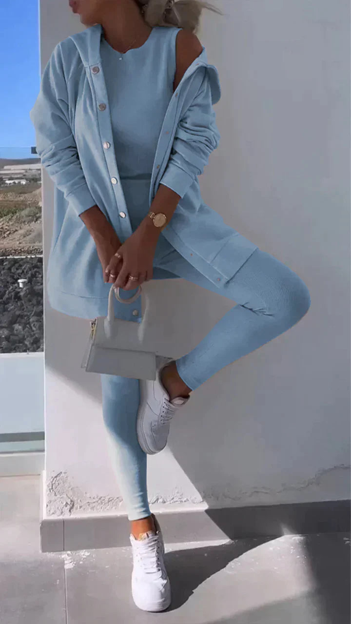 Valenzora - Three-piece set consisting of a hooded cardigan, a top and trousers