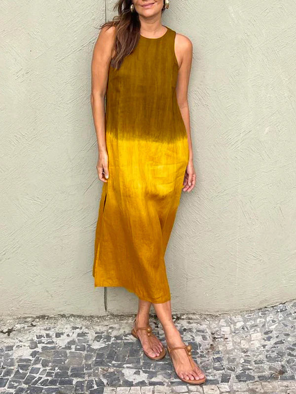 Valenzora | Long, Sleeveless, Loose-Fitting Cotton and Linen Dress with Subdued Tie-Dye Slit for Women