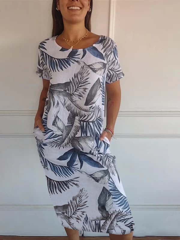 Valenzora | Cotton and linen round neck printed dress