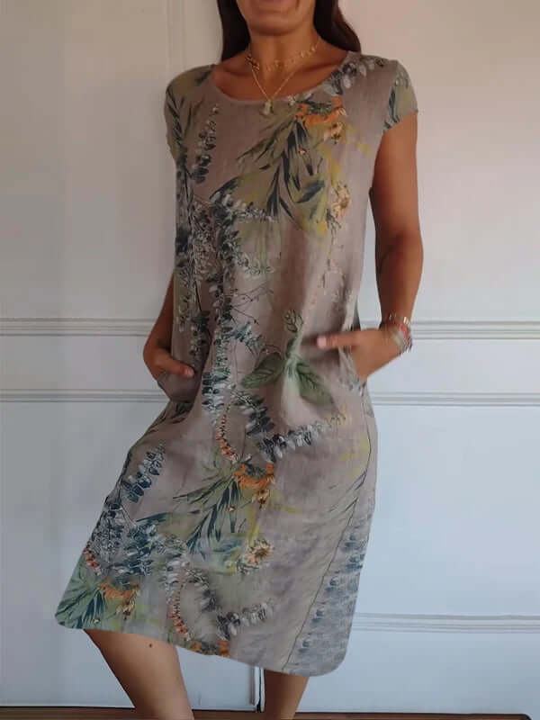 Valenzora | Cotton and linen round neck printed dress