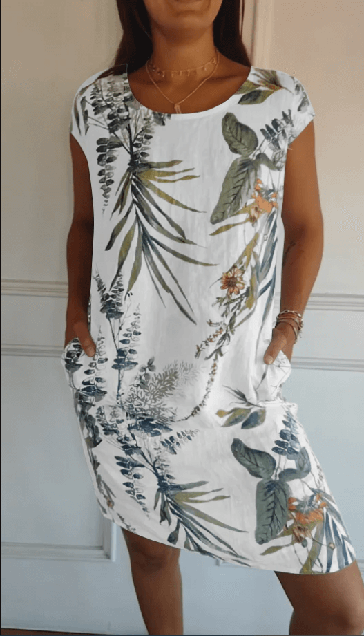 Valenzora | Cotton and linen round neck printed dress