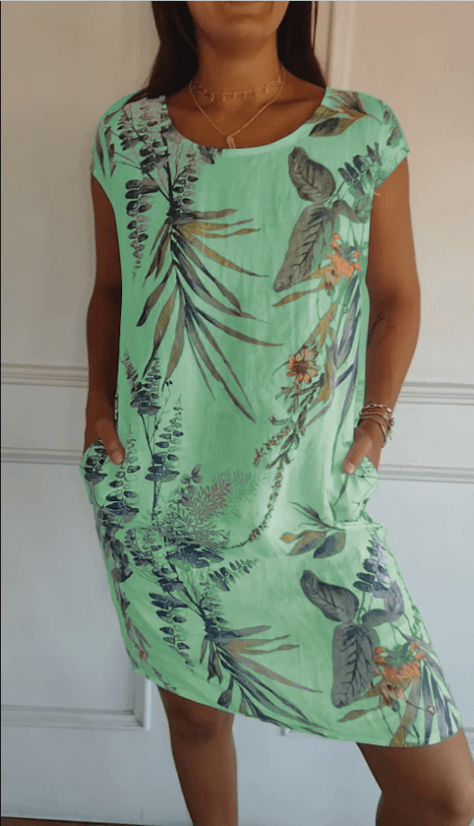 Valenzora | Cotton and linen round neck printed dress