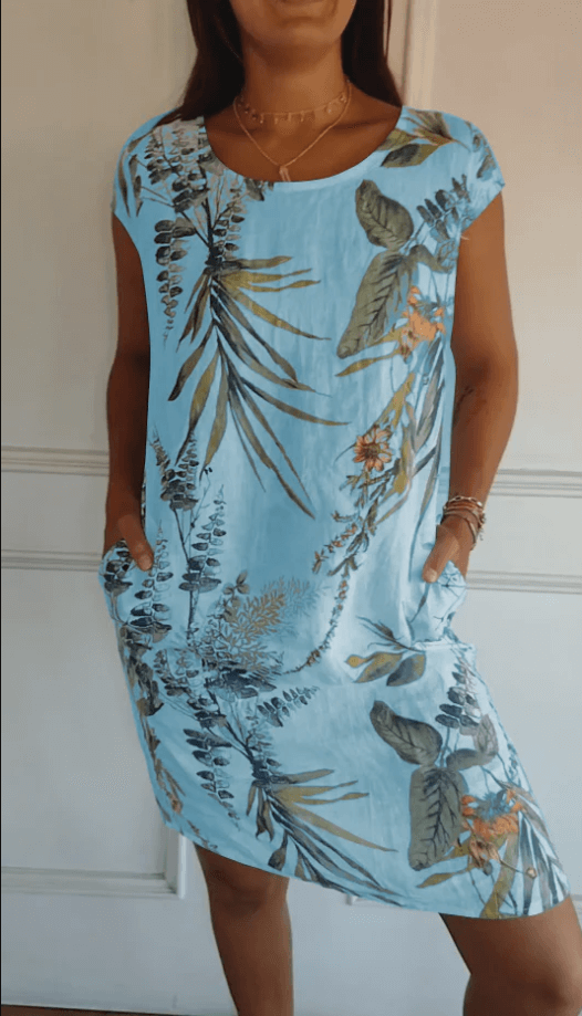 Valenzora | Cotton and linen round neck printed dress