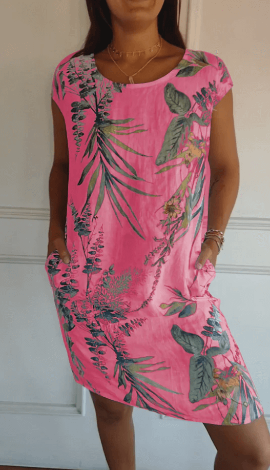 Valenzora | Cotton and linen round neck printed dress