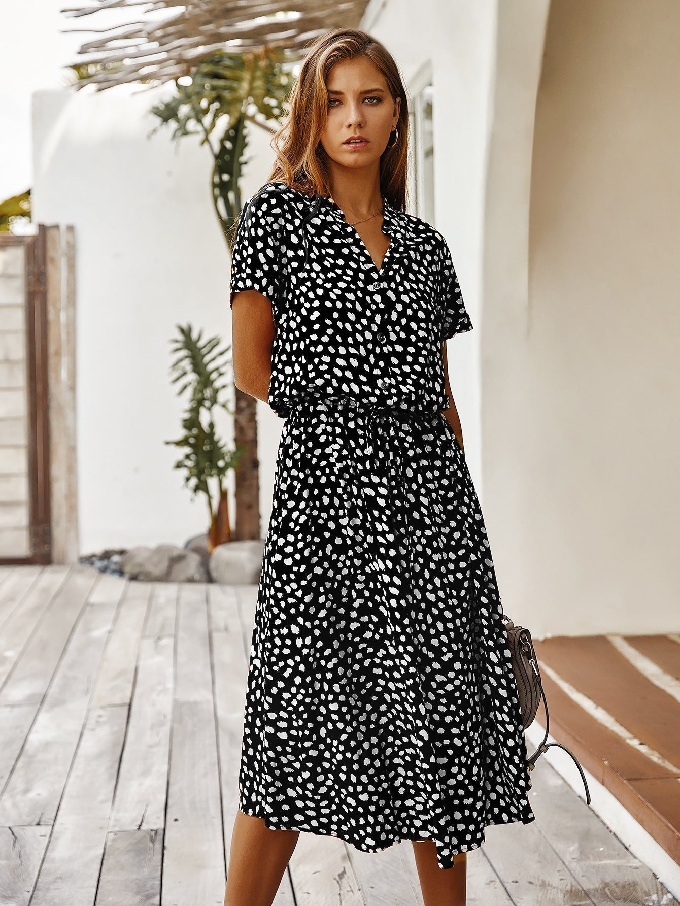Valenzora | Casual Polka Dot V-Neck Short Sleeve Midi Dress
