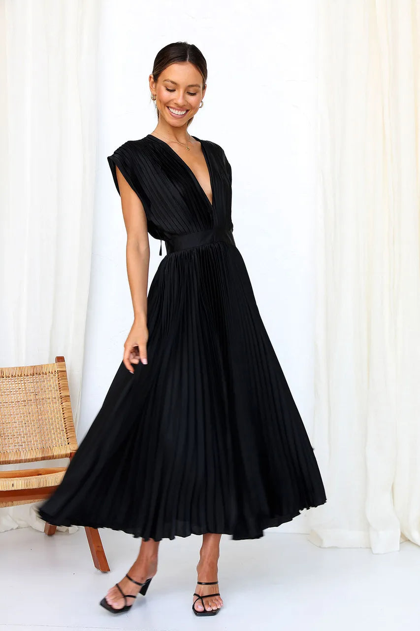 Valenzora | Pleated Plunge Midi Dress
