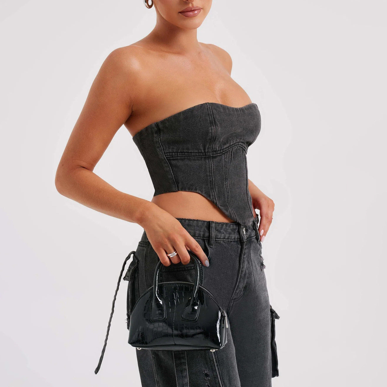 Valenzora | Jeansanzug Sommer Sexy Rückenfreies Tube Top und Cargohose mit Mehreren Taschen Modischer Langer Hosenanzug Damenbekleidung