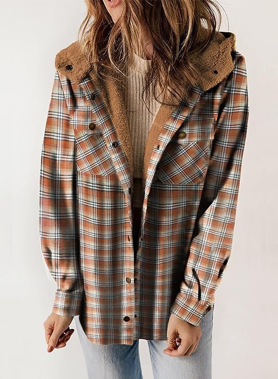 Valenzora | Karierte Jacke Langarm Schnalle Wolle mit Kapuze