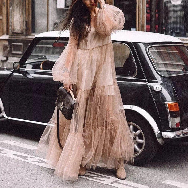 Valenzora | Puff Sleeve Tulle Sheer Long Skirt Dress