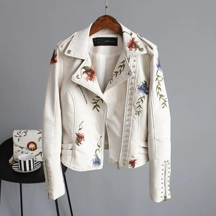 Valenzora | Leather jacket with floral embroidery
