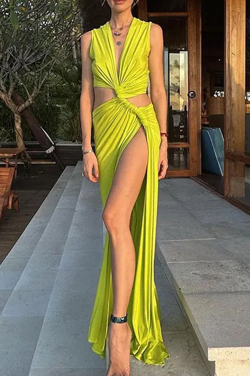 Valenzora | Rosiedress V-Ausschnitt Knoten vorne Cut-Out hoher Schlitz ärmelloses Maxikleid