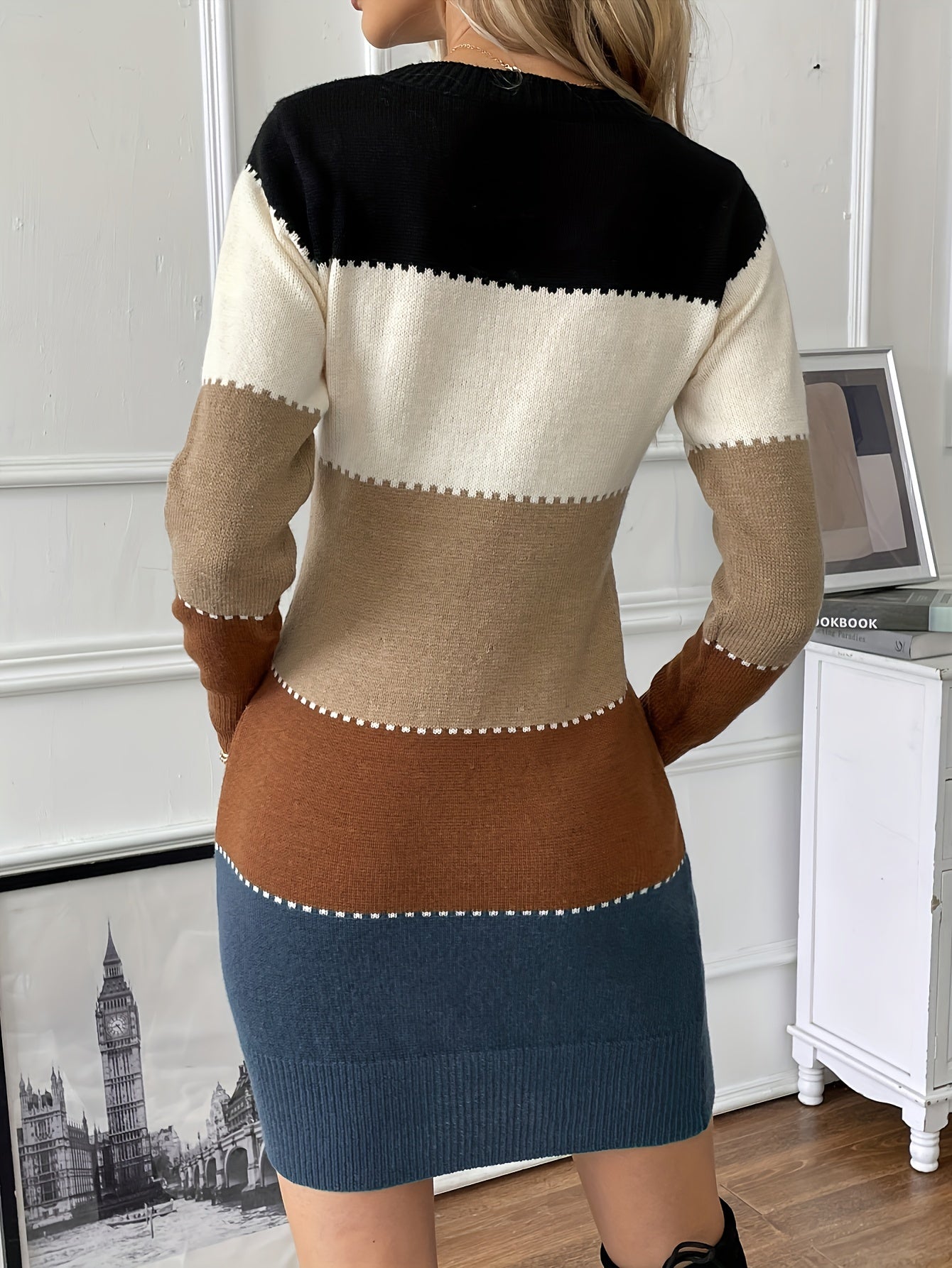 Valenzora | Chic autumn color block long-sleeved dress for women