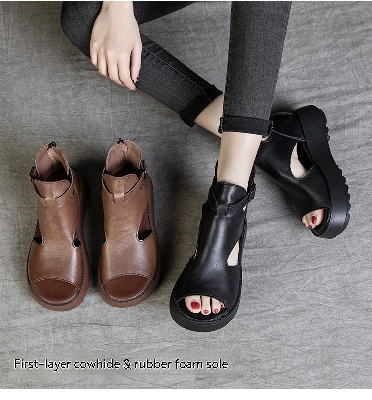 Valenzora | Summer New Retro First Layer Cowhide Back Peep Toe Sandals for Women