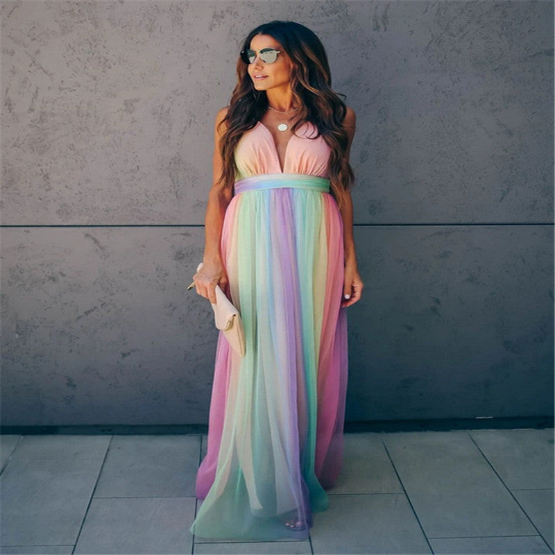 Valenzora | Rainbow Mesh Dress for Women with Straps