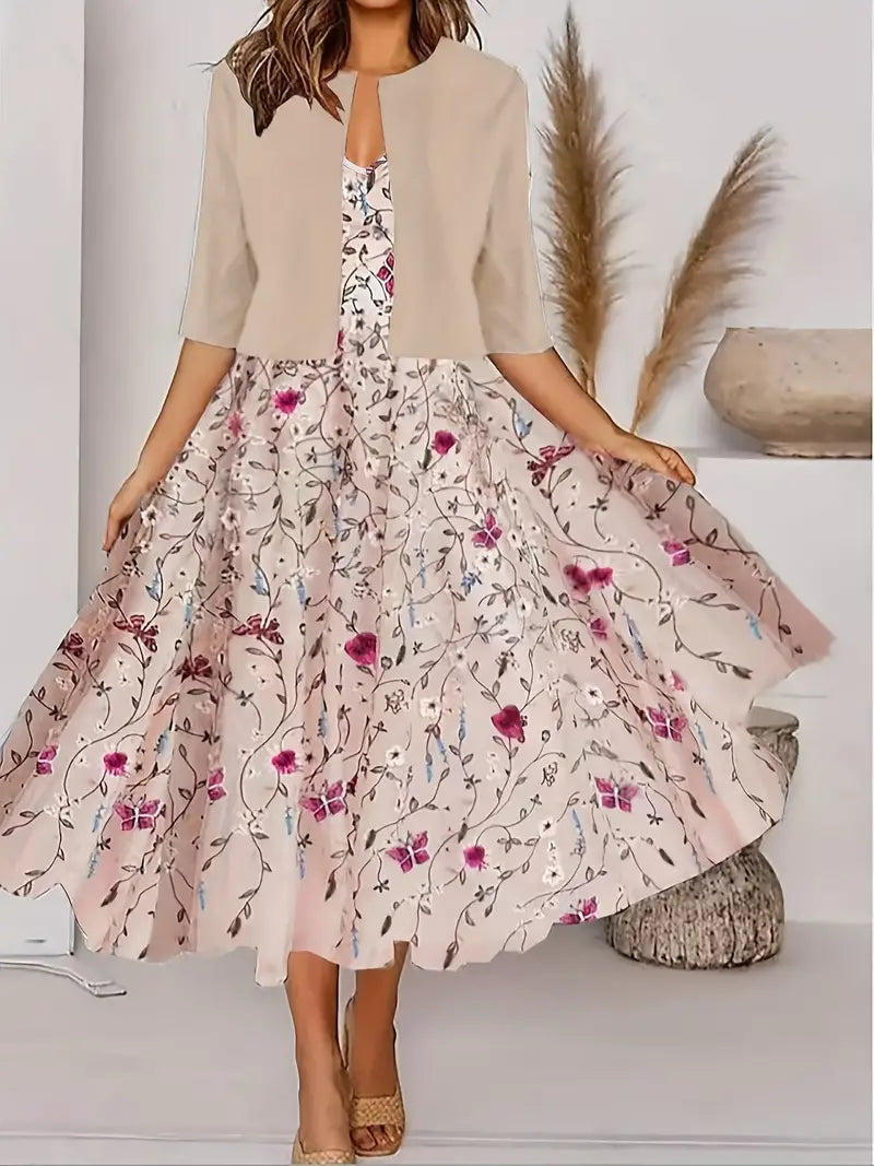 Valenzora | Schlitzkleid mit V-Ausschnitt und ärmellosem floralem Oberteil