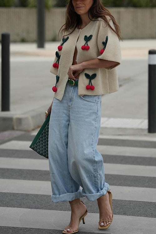 Valenzora | Rosiedress Short Sleeve Button Fastening Cherry Decorative Cardigan