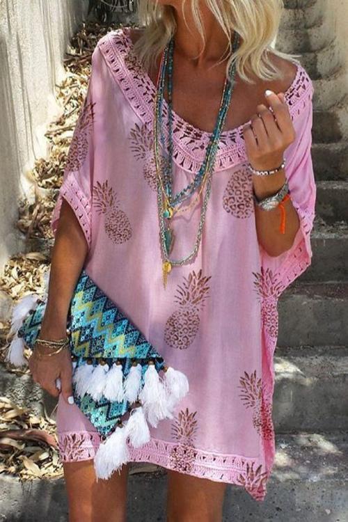 Valenzora | Rosiedress V-Ausschnitt ausgehöhltes Ananas-Print Fledermausärmel Strandkleid