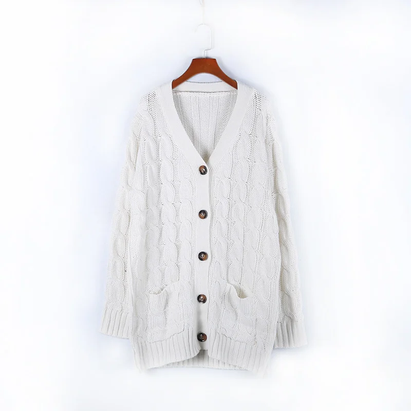 Valenzora | Damen-Wollstrickjacke mit Zopfmuster und Holzknöpfen, lockere Passform