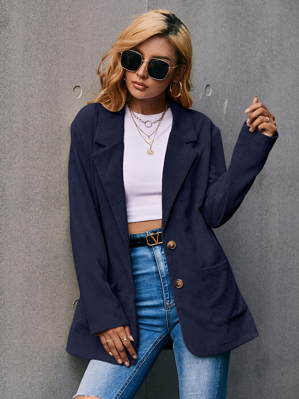 Valenzora | Corduroy Long-Sleeve Longline Blazer with Pockets