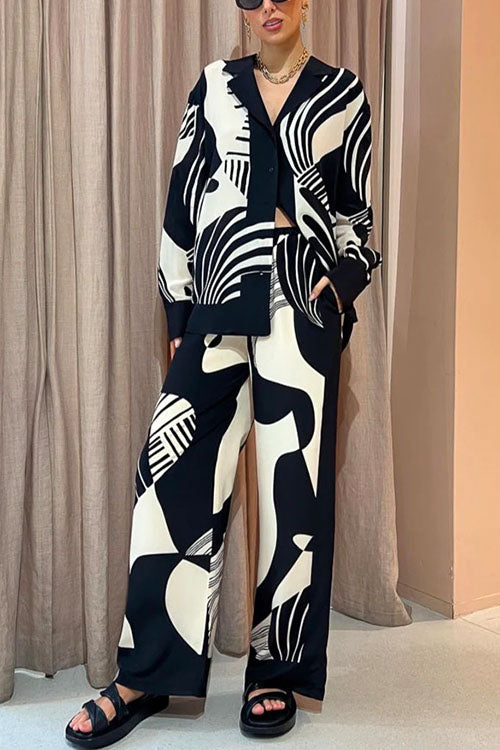 Valenzora | Rosiedress Graphic Print Long Sleeve Blouse Shirt Wide Leg Trousers 2 Piece Set