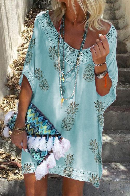 Valenzora | Rosiedress V-Ausschnitt ausgehöhltes Ananas-Print Fledermausärmel Strandkleid
