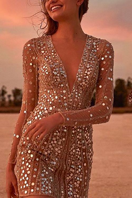 Valenzora | Rosiedress Deep V-Neck Mesh Sleeve Mini Sequin Club Dress