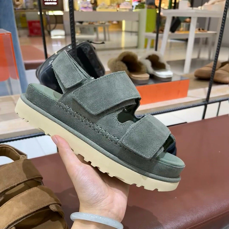 Valenzora | Frühling und Sommer Neue Sandalen aus echtem Leder mit dicker Sohle und Riemchen-Klettverschluss Damen Offene Zehen Höhenerhöhung