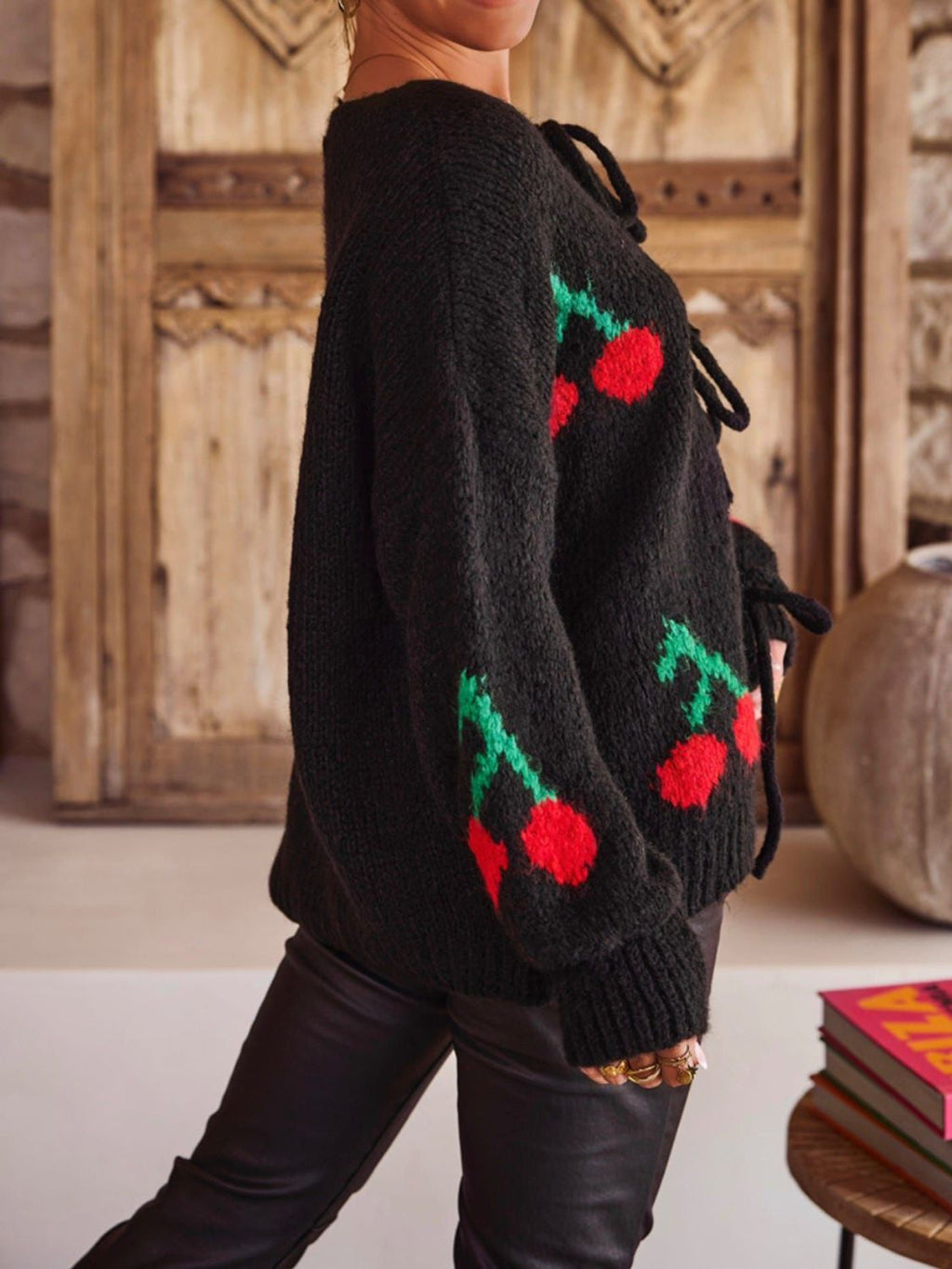 Valenzora | Bound Cherry Round Neck Long Sleeve Cardigan
