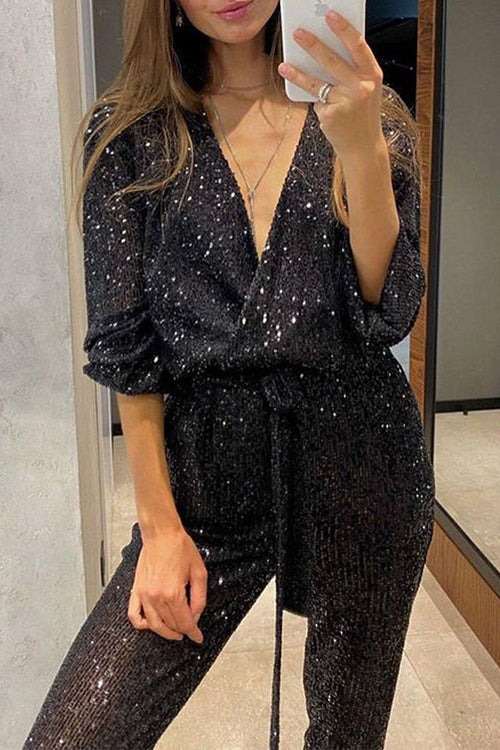 Valenzora | Rosiedress Wickel-Jumpsuit mit V-Ausschnitt, Bindegürtel und Pailletten