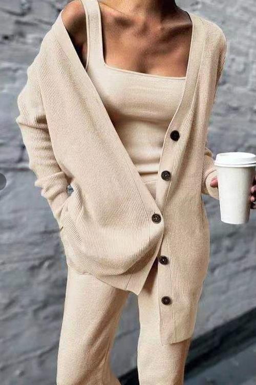 Valenzora | Rosiedress Lounge-Set aus 3 Teilen: Tanktop mit breiten Trägern, Button-Down-Cardigan und langer Hose