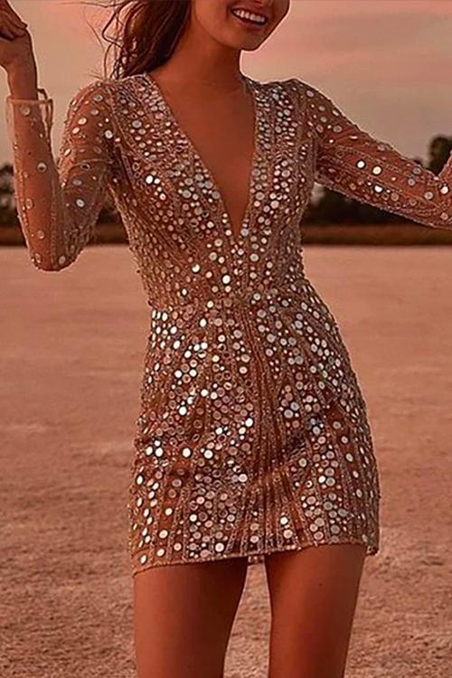 Valenzora | Rosiedress Deep V-Neck Mesh Sleeve Mini Sequin Club Dress