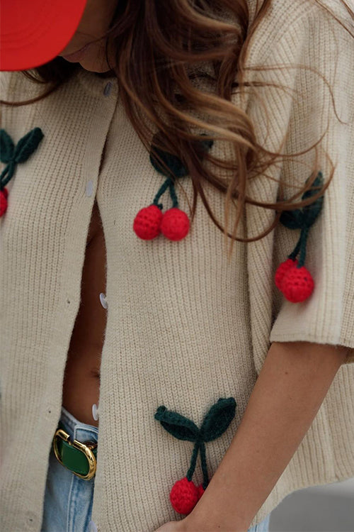 Valenzora | Rosiedress Short Sleeve Button Fastening Cherry Decorative Cardigan