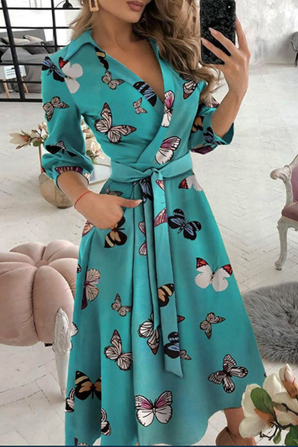 Valenzora | Find Yourself Good Printed Belt Shirt Midi Dress