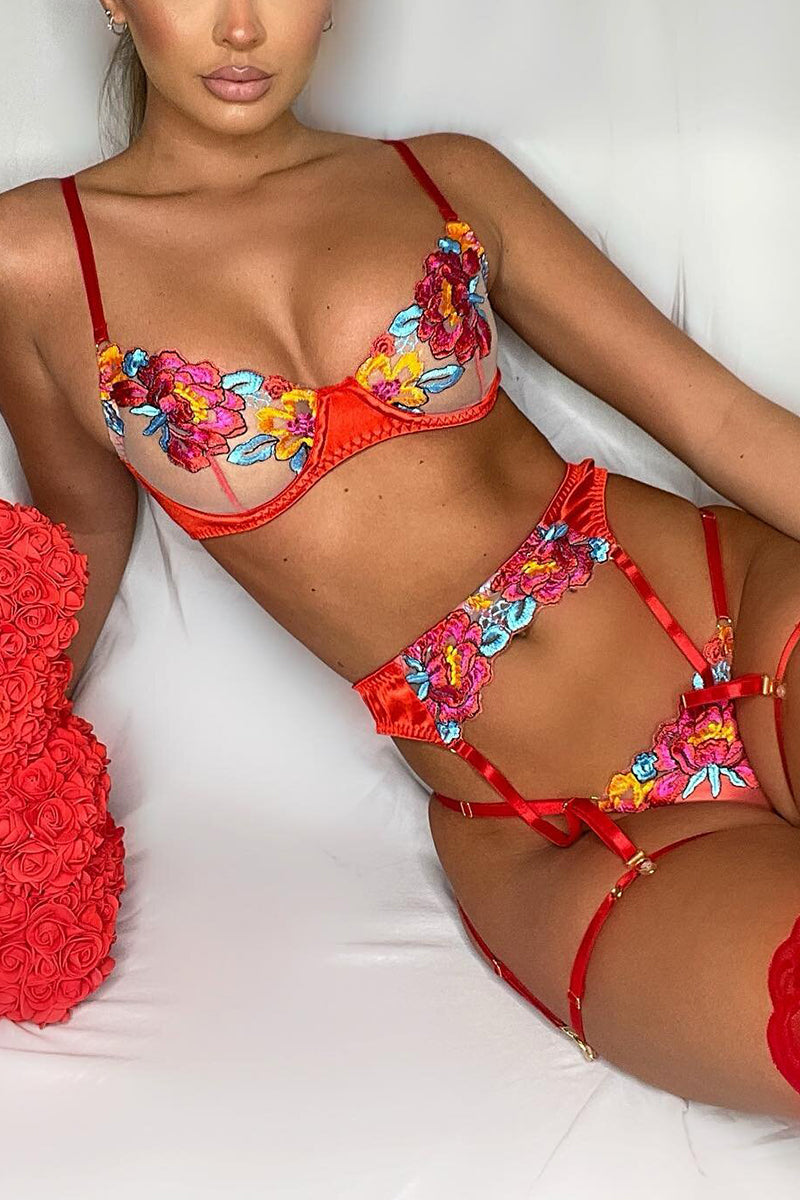 Valenzora | Satin-Sheer Blumen-Dessous-Set, 3-teilig