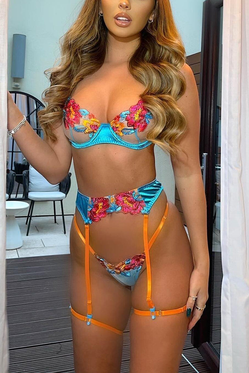 Valenzora | Satin-Sheer Blumen-Dessous-Set, 3-teilig