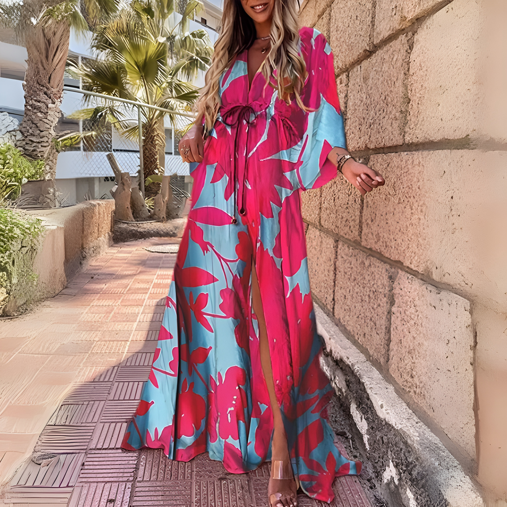 Valenzora | Luxurious Long-Sleeved Boho Print Long Dress with Belt