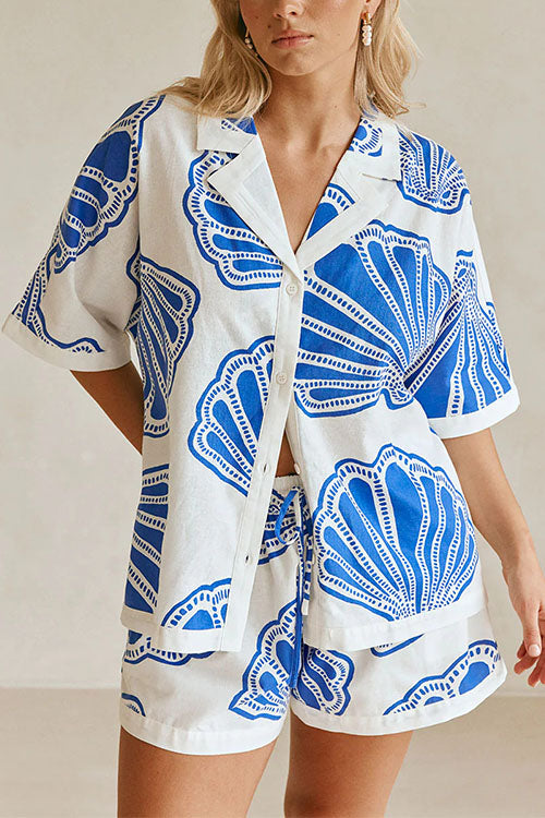 Valenzora | Rosiedress V-neck short-sleeved shirt and shorts with drawstring waist, shell print set
