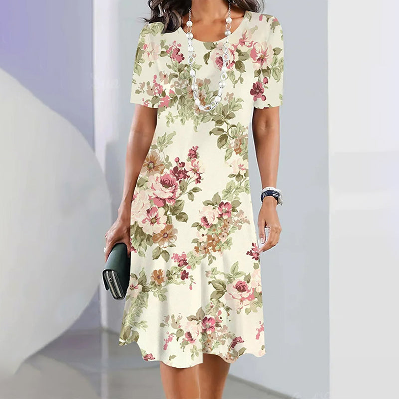 Valenzora Dress | Elegant dress with round neckline and floral pattern