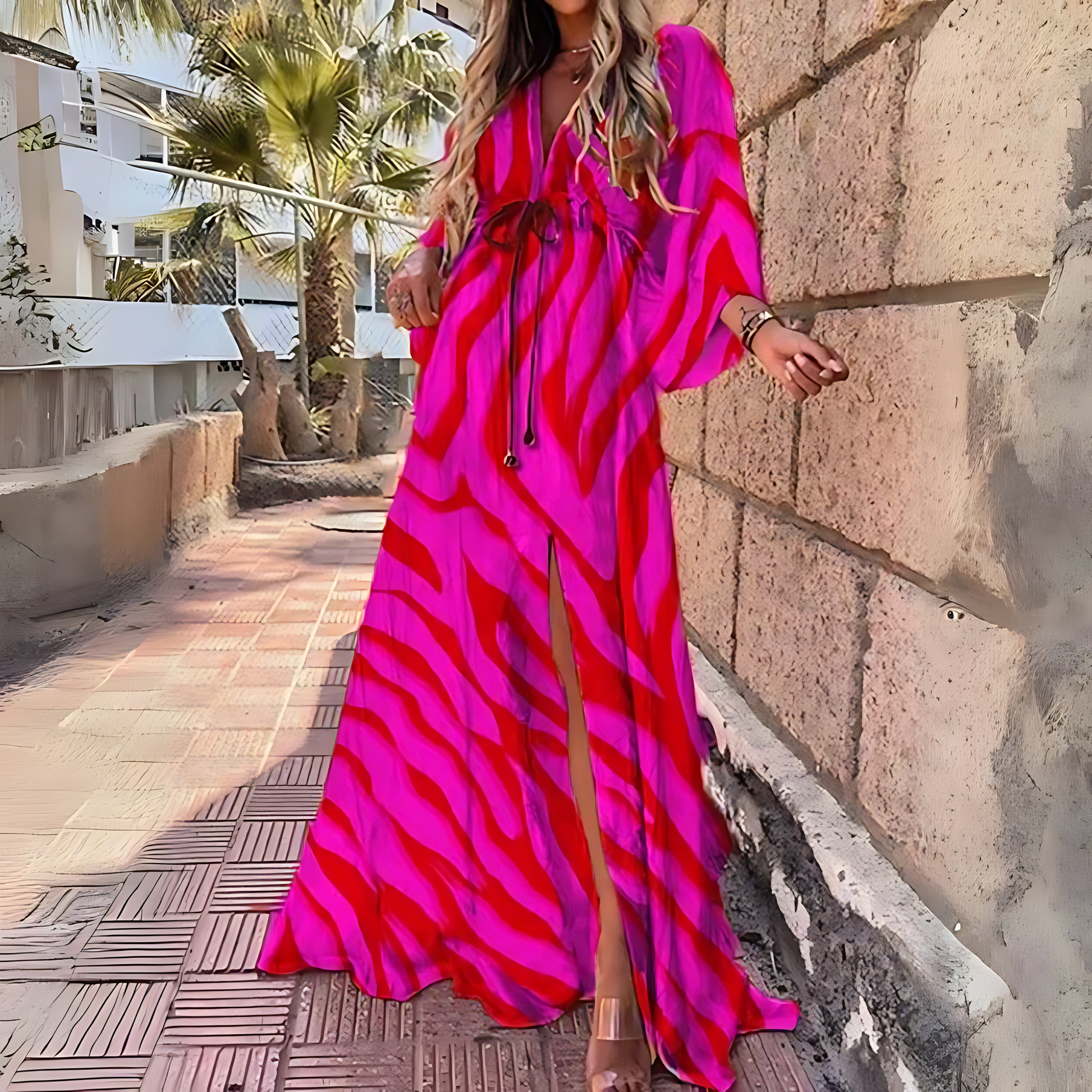 Valenzora | Luxurious Long-Sleeved Boho Print Long Dress with Belt