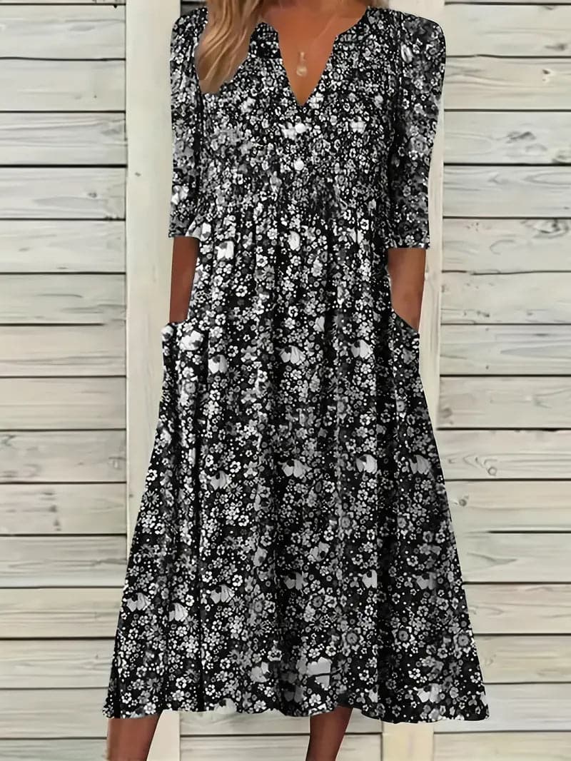 Valenzora | Midikleid, A-Linie, V-Ausschnitt, 3/4-Ärmel, Blumenmuster