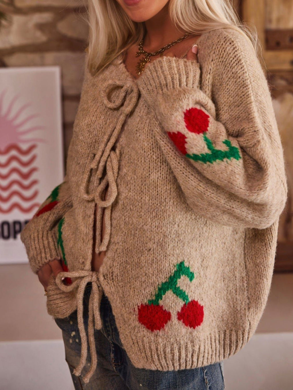 Valenzora | Bound Cherry Round Neck Long Sleeve Cardigan