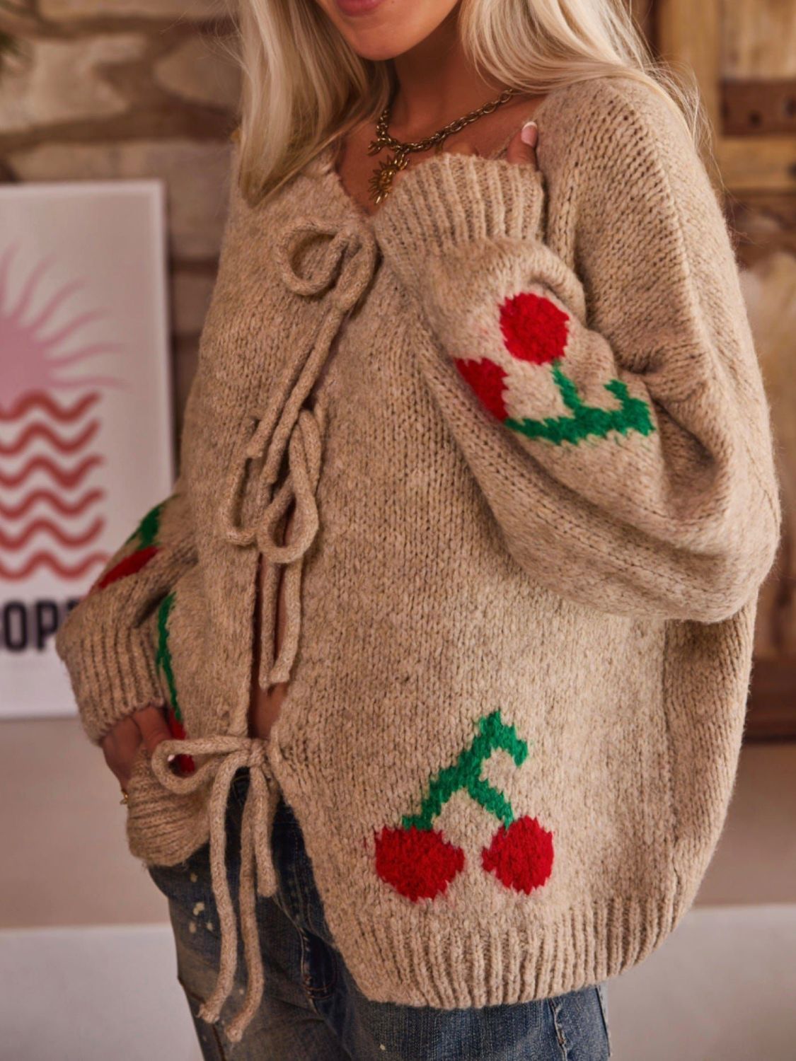 Valenzora | Bound Cherry Round Neck Long Sleeve Cardigan