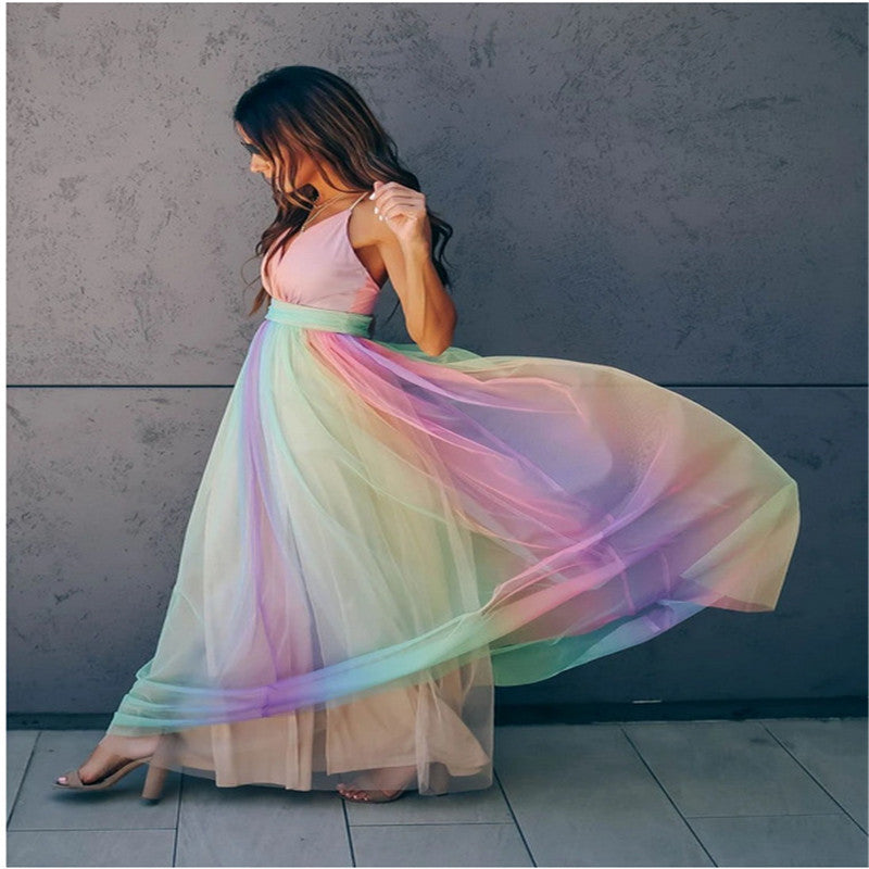 Valenzora | Rainbow Mesh Dress for Women with Straps