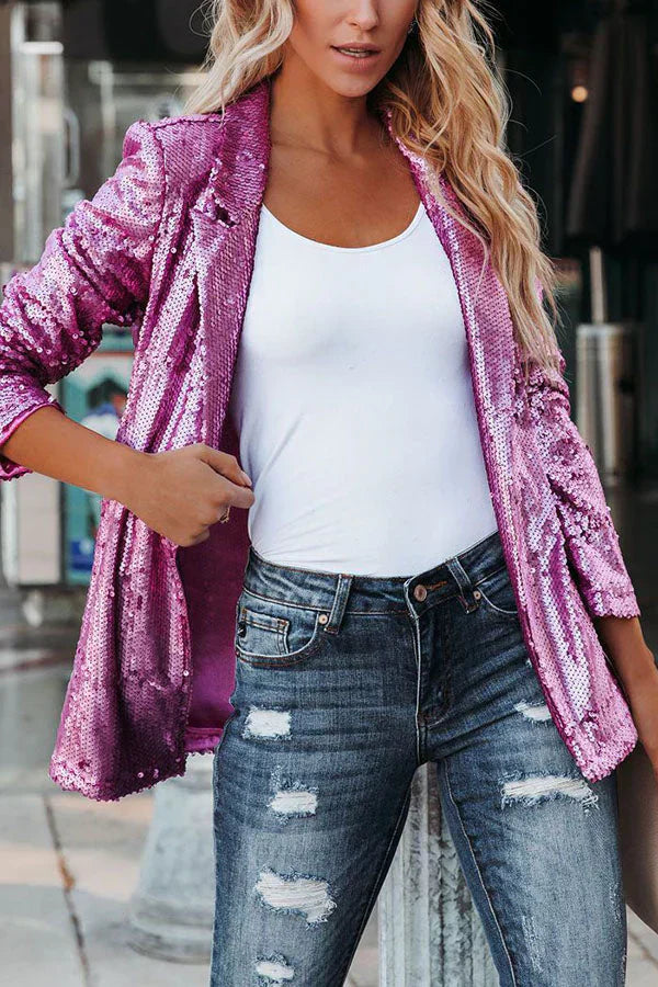 Valenzora | Damen Pailletten-Blazer mit langen Ärmeln und Revers