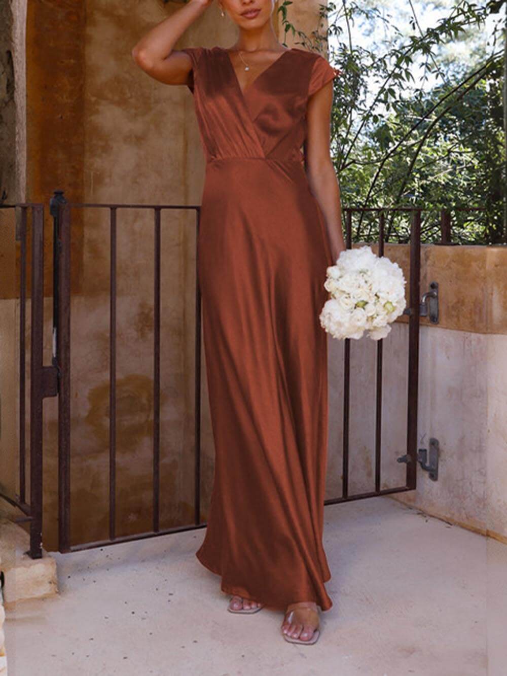 Valenzora | Satin Fishtail Maxi Dress with V-Neck for Women