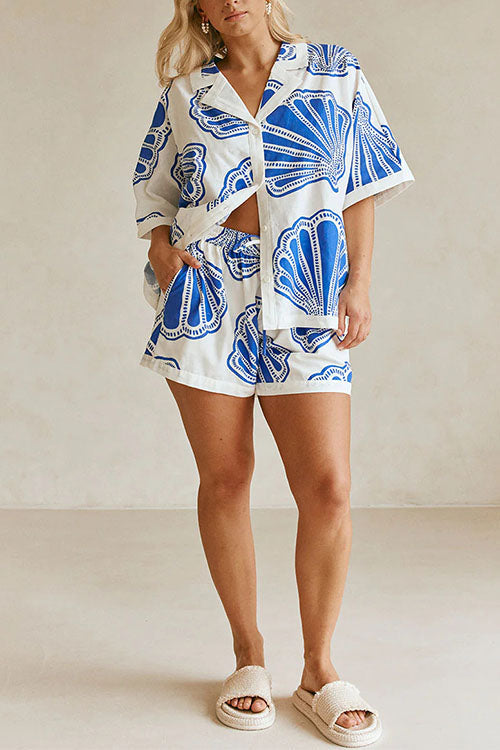Valenzora | Rosiedress V-neck short-sleeved shirt and shorts with drawstring waist, shell print set