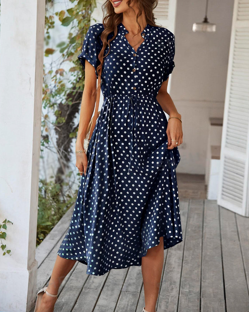 Valenzora | Dress with polka dot drawstring and button placket