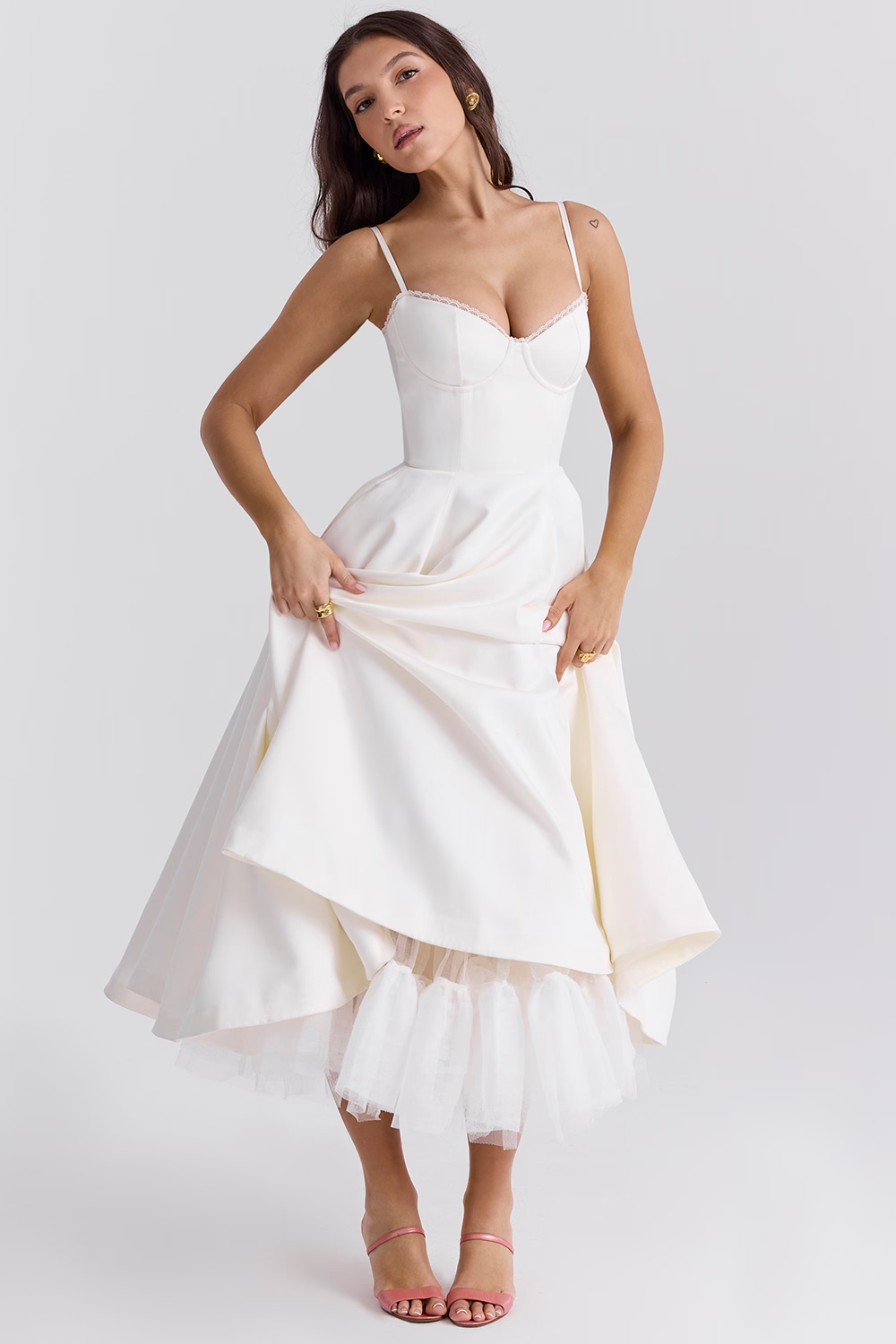 Valenzora | A-line Midi Dress Spaghetti Straps Lace Detail Elegant Formal Wear