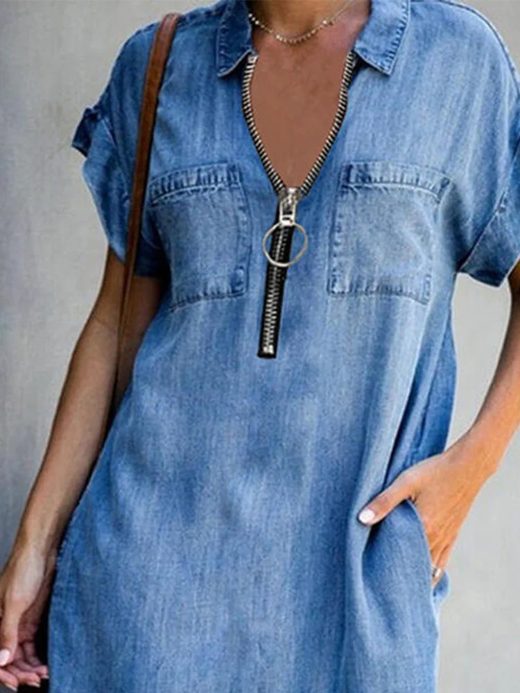 Valenzora | Wide midi dress with short sleeves, half-length zipper and loose lapel neckline