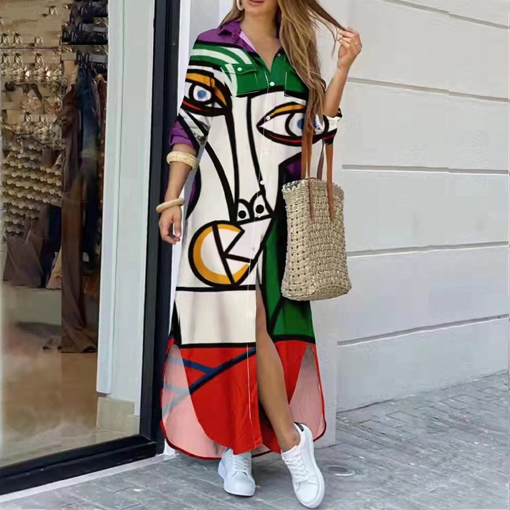 Valenzora | Casual long dress with face pattern and slit